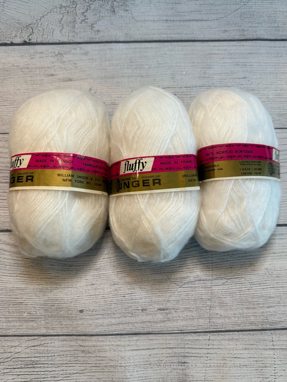 Vintage Unger Fluffy White Acrylic Yarn - made in France - 3 pk